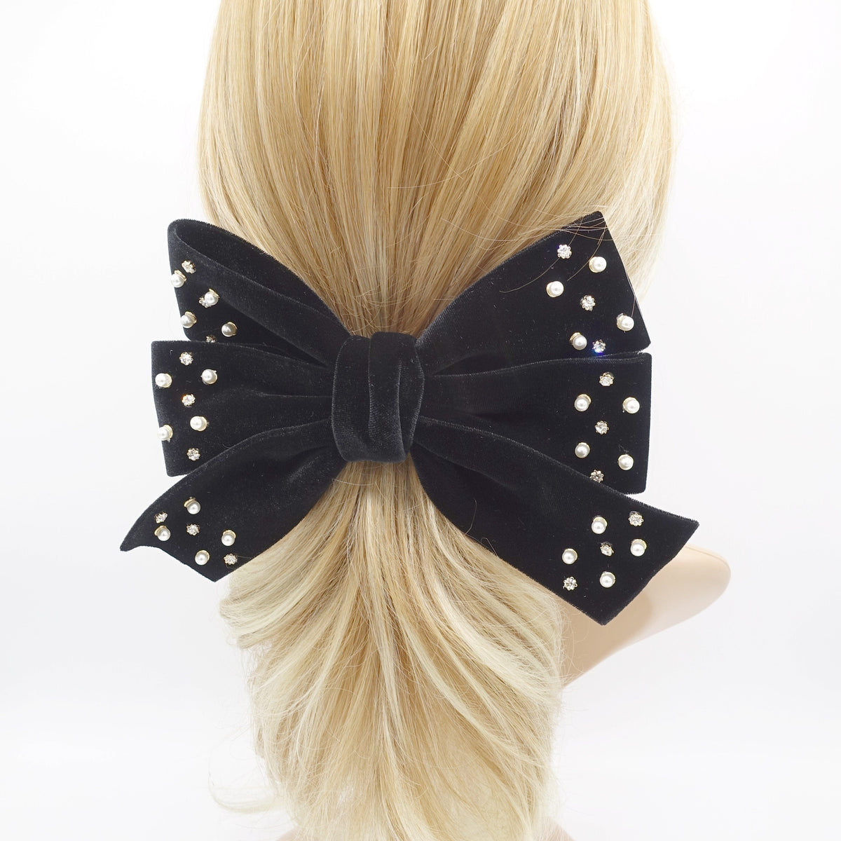 velvet hair bow, pearl hair bow, rhinestone hair bow, embellished hair –