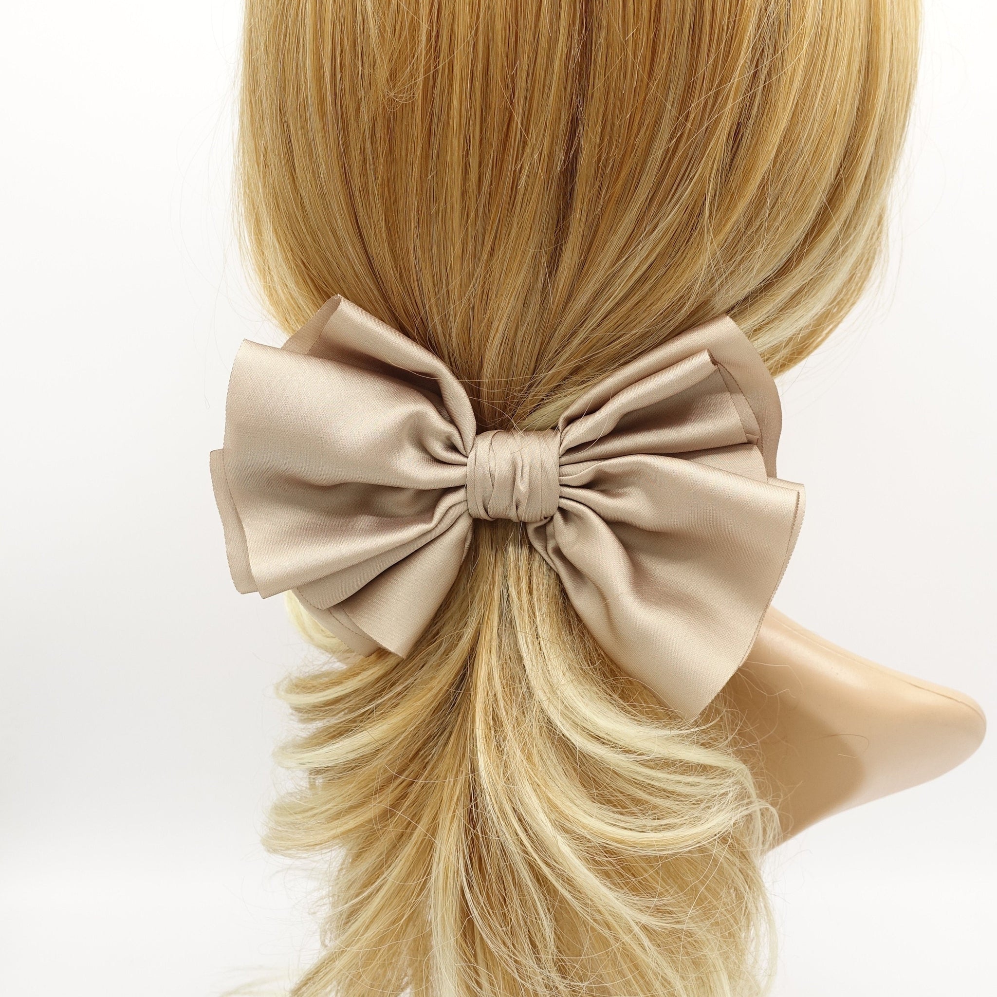 veryshine.com Barrette (Bow) Beige satin pleated hair bow multi-layered Spring Summer basic hair bow for women