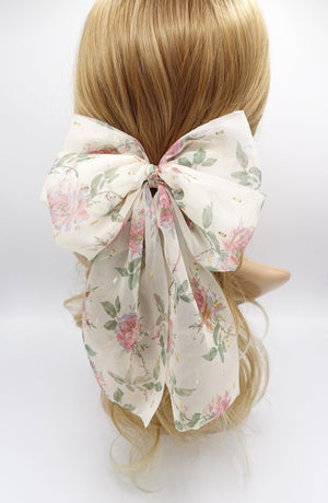 veryshine.com Barrette (Bow) Cream white chiffon floral hair bow, chiffon tail hair bow for women