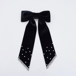 veryshine.com Barrette (Bow) medium- pearl on velvet hair bow, long tail hair bow, pearl velvet bow for women