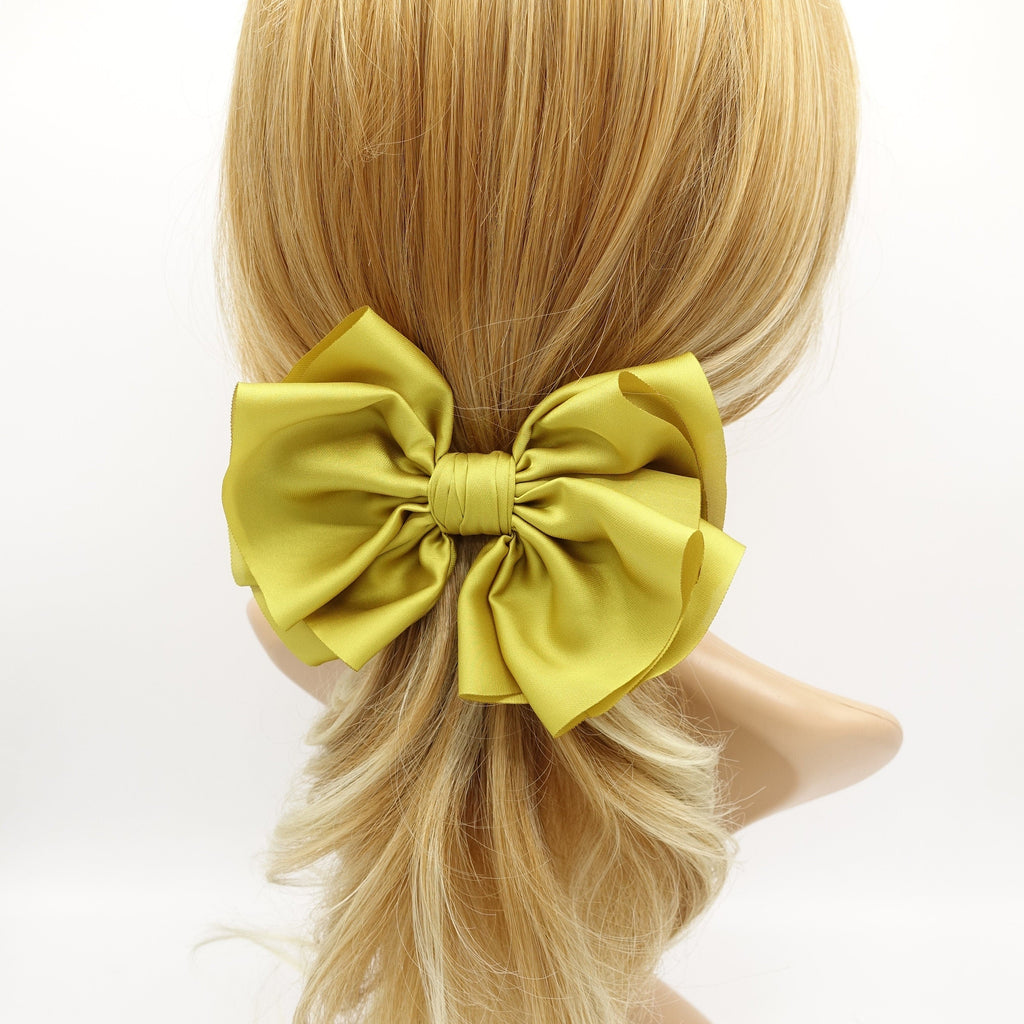 veryshine.com Barrette (Bow) Mustard satin pleated hair bow multi-layered Spring Summer basic hair bow for women