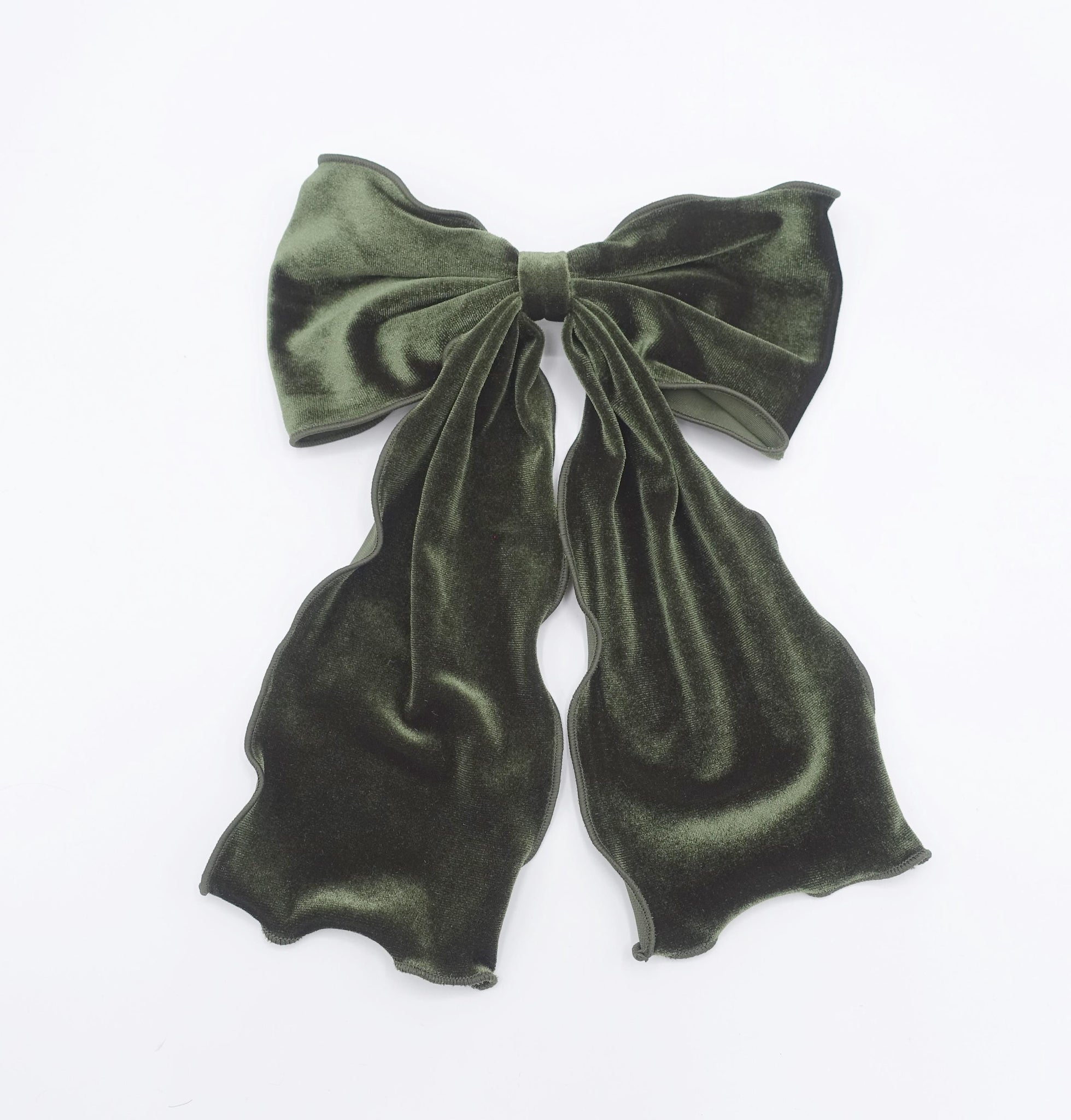 veryshine.com Barrette (Bow) Olive green velvet lettuce hem layered hair bow for women