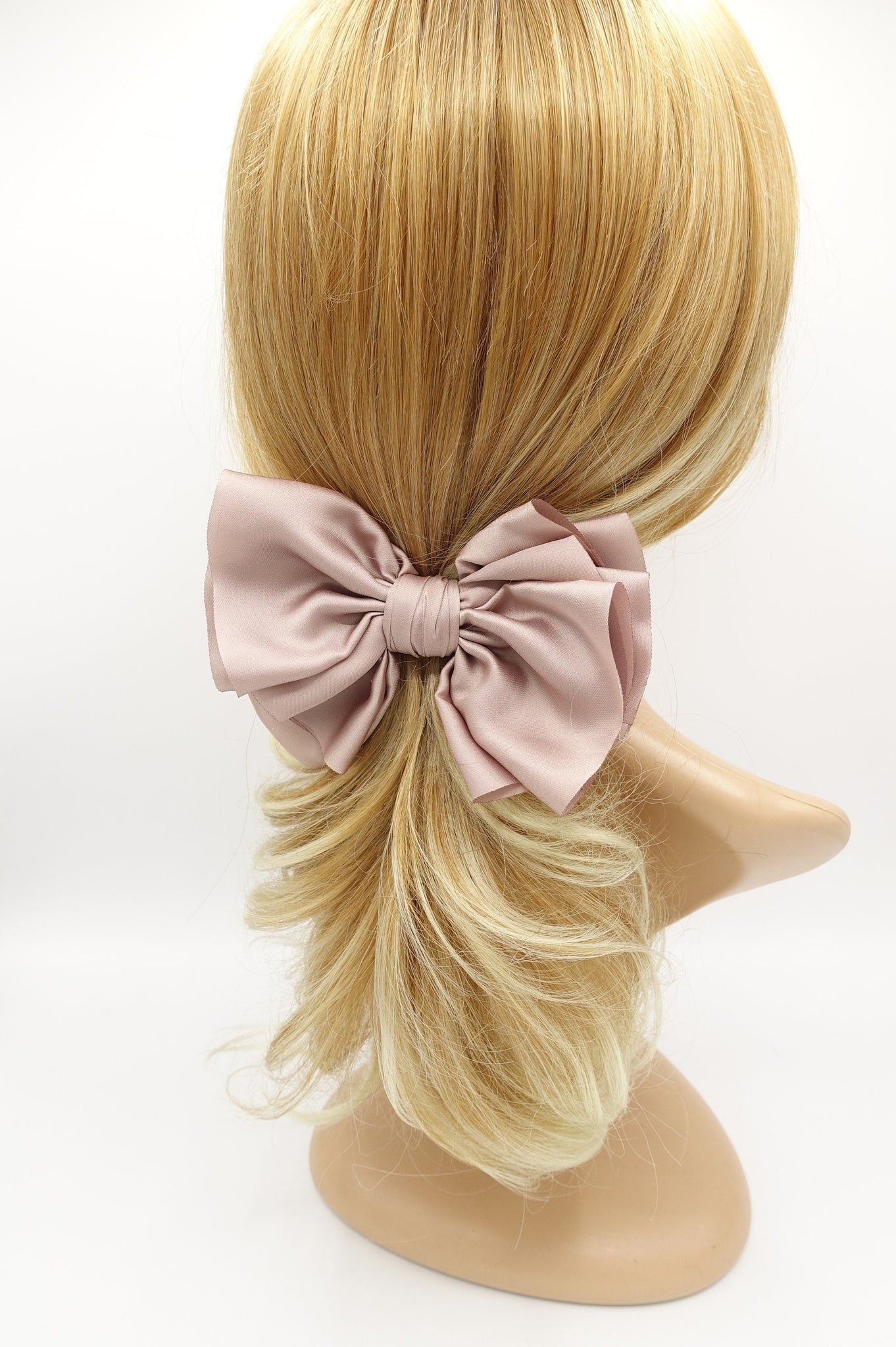 veryshine.com Barrette (Bow) Pale pink satin pleated hair bow multi-layered Spring Summer basic hair bow for women