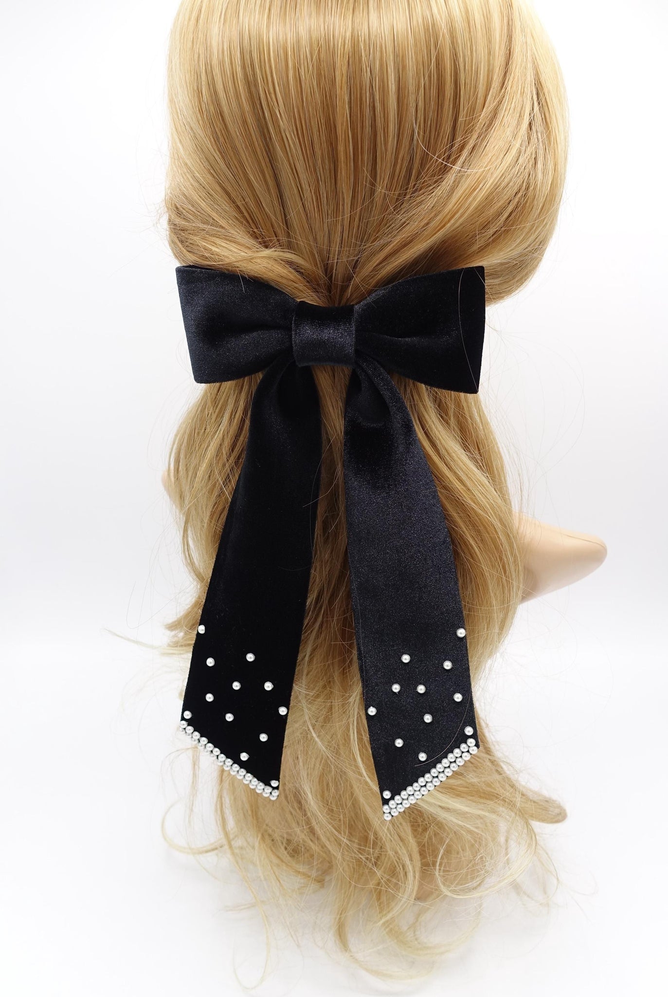 veryshine.com Barrette (Bow) velvet hair bow, long tail hair bow, pearl velvet bow for women