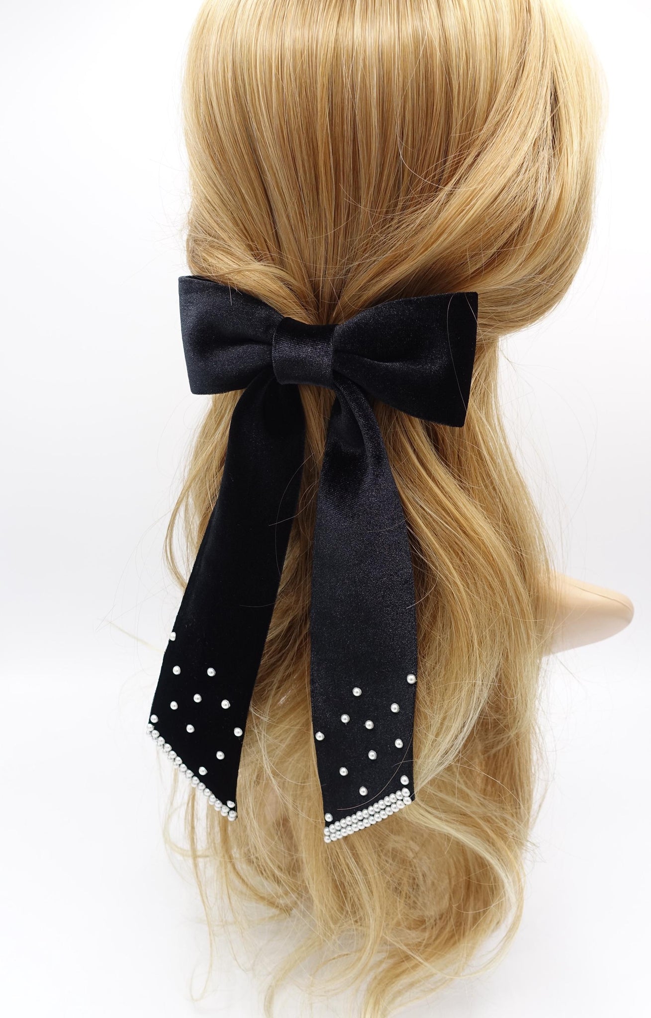 veryshine.com Barrette (Bow) velvet hair bow, long tail hair bow, pearl velvet bow for women