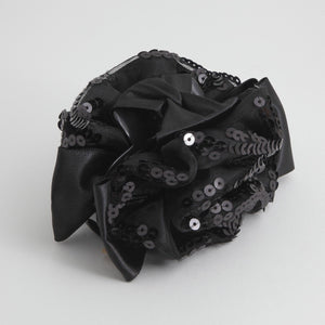 veryshine.com Hair Claw Black Satin Flower Bow Luxury Spangle Mesh Wrap Sequin spangle decorative  Hair Jaw Claw Clip