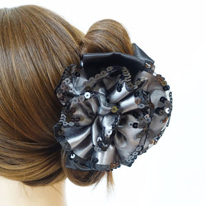 veryshine.com Hair Claw Gray Satin Flower Bow Luxury Spangle Mesh Wrap Sequin spangle decorative  Hair Jaw Claw Clip