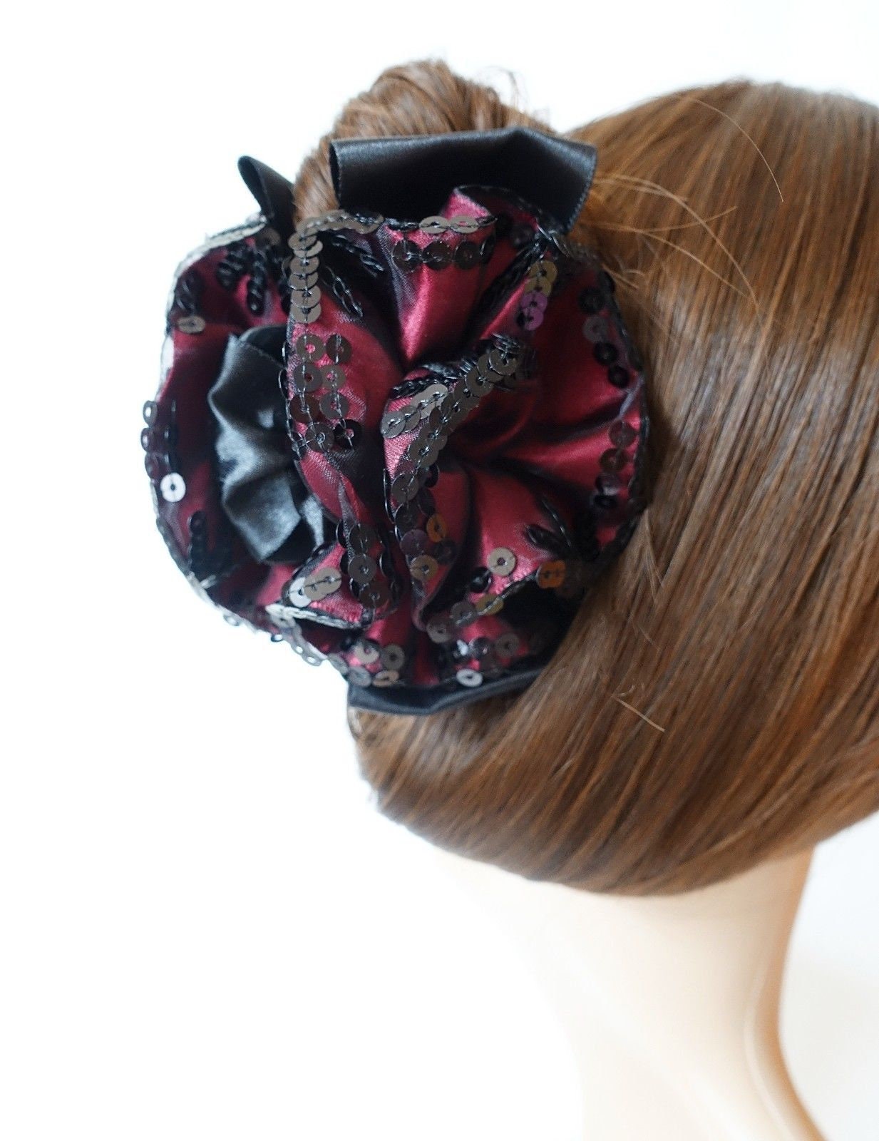 veryshine.com Hair Claw Red Wine Satin Flower Bow Luxury Spangle Mesh Wrap Sequin spangle decorative  Hair Jaw Claw Clip