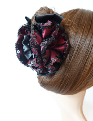 veryshine.com Hair Claw Red Wine Satin Flower Bow Luxury Spangle Mesh Wrap Sequin spangle decorative  Hair Jaw Claw Clip