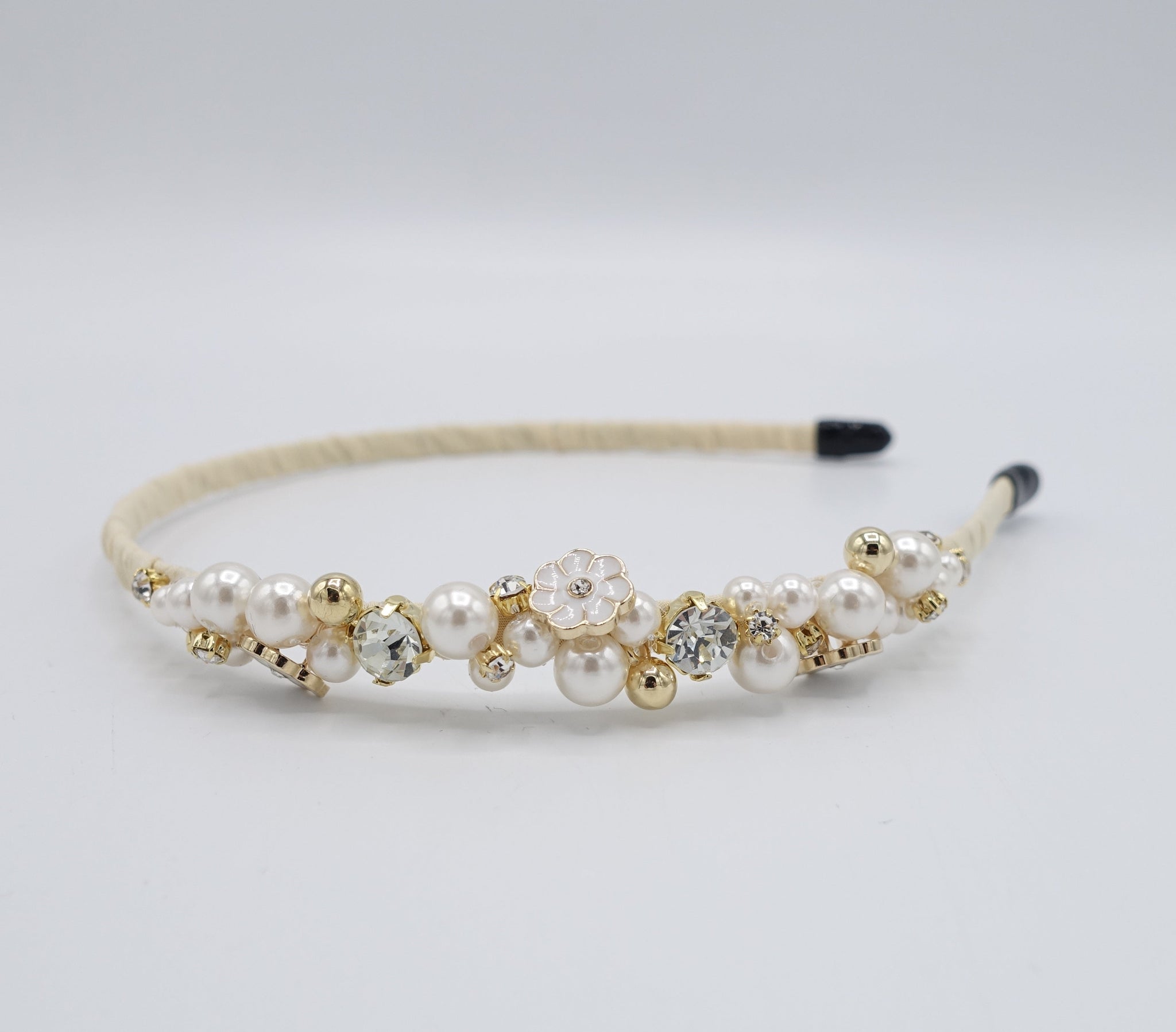 veryshine.com Headband Beige rhinestone pearl beaded headband thin decorated elegant fashion hairband