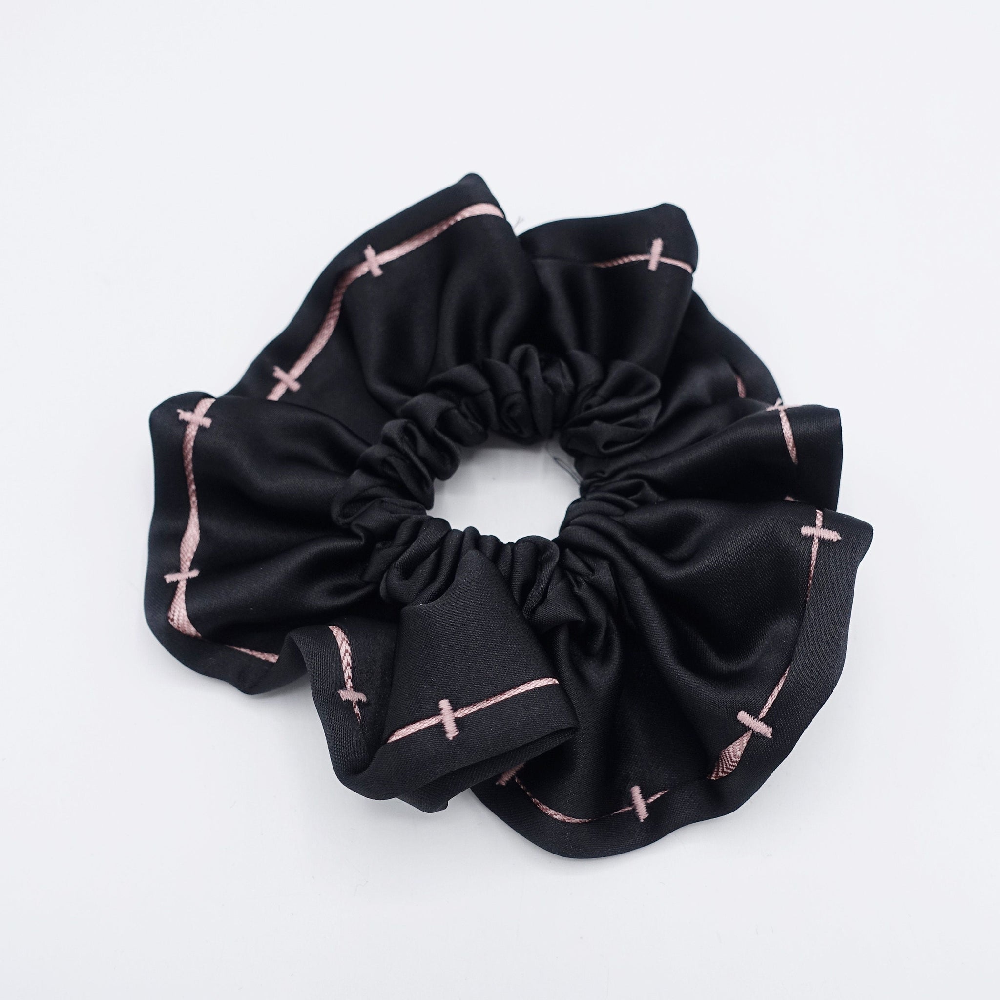 veryshine.com Scrunchies Black-Pink satin stitch scrunchies, black scrunchies for women