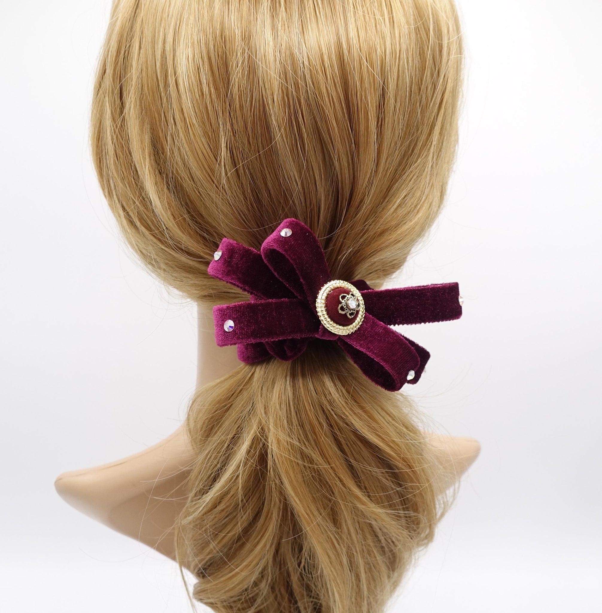 veryshine.com scrunchies/hair holder Red wine Opulent velvet bow scrunchies, regal loop hair tie, embellished hair ties for women