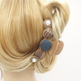 VeryShine claw/banana/barrette Mocca beige button hair claw woolen fabric pearl button embellished hair clamp updo hair accessory for women