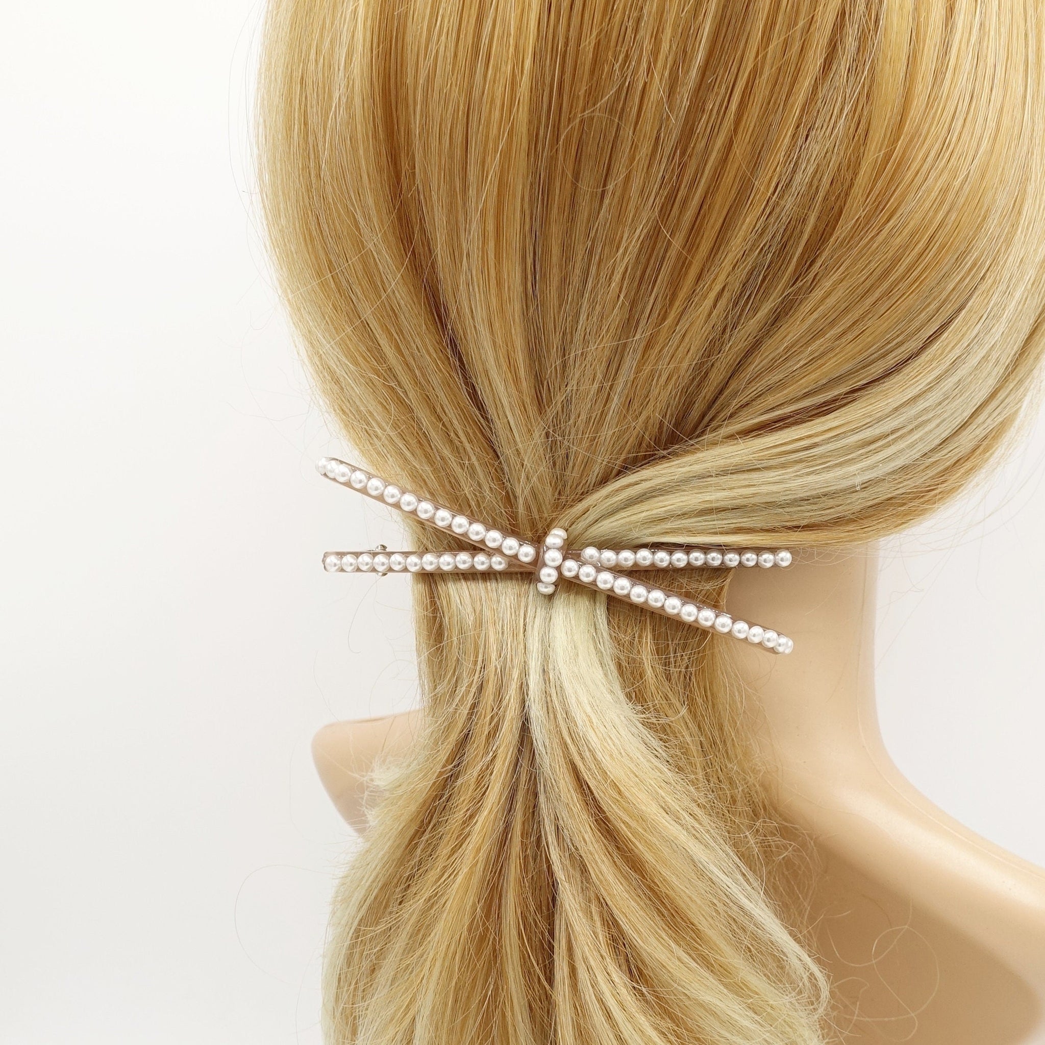 veryshine.com Barrette (Bow) Beige pearl embellished cellulose acetate hair barrette for women