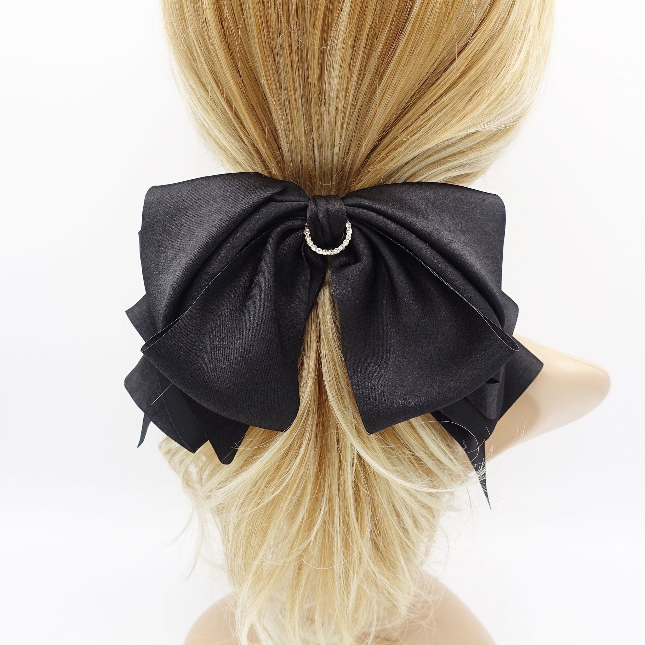 veryshine.com Barrette (Bow) Black satin hair bow, layered hair bow, rhinestone hair bow for women