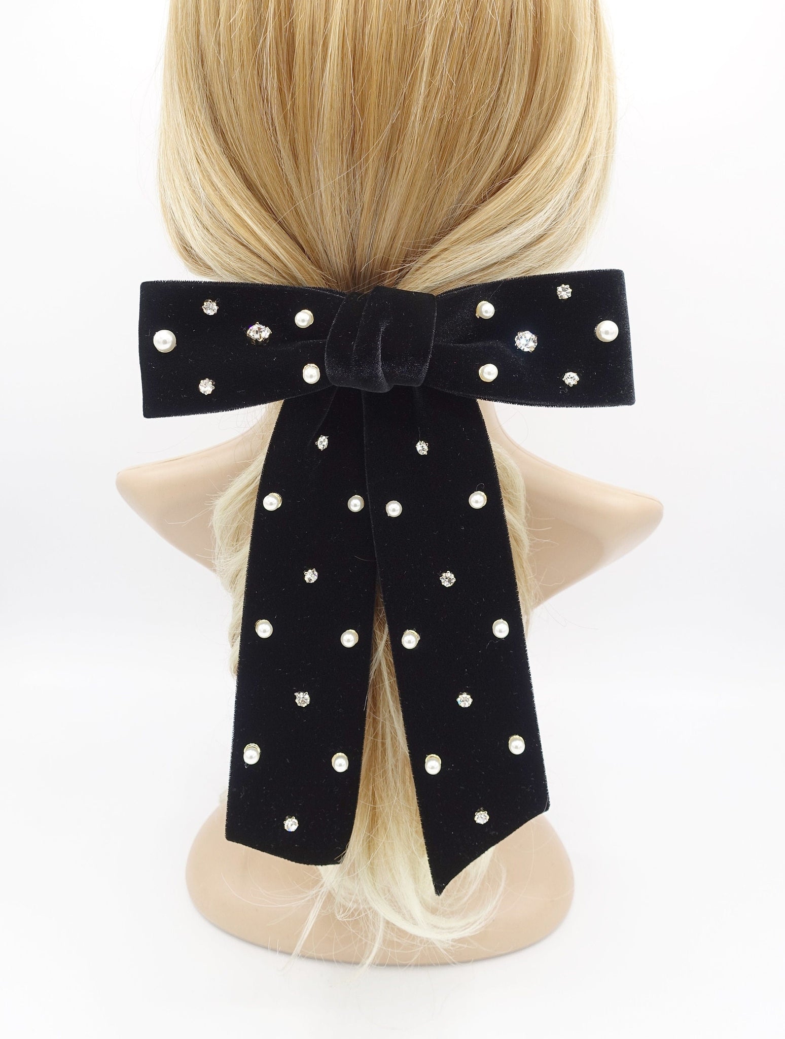 velvet hair bow, pearl hair bow, rhinestone hair bow, embellished 