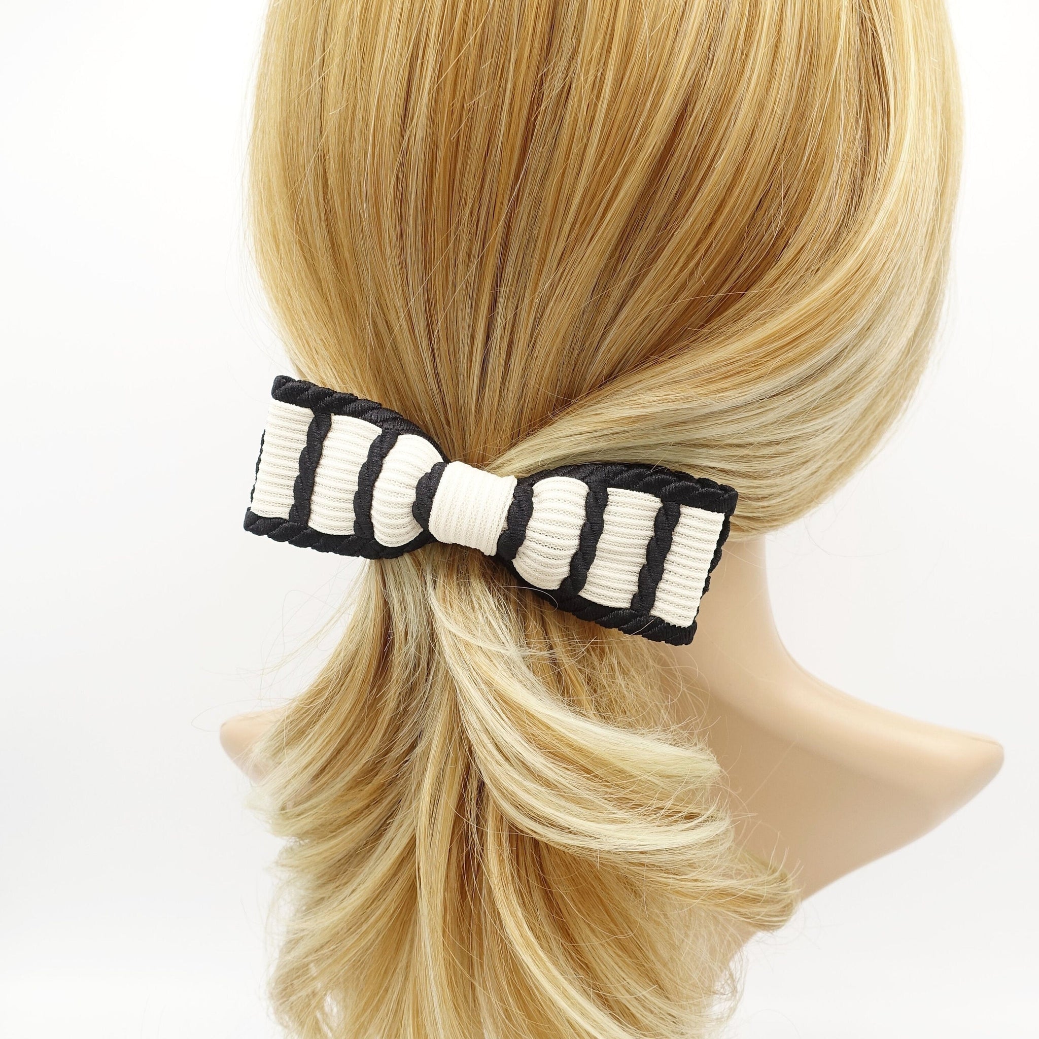 veryshine.com Barrette (Bow) Cream white pleated fabric hair bow twisted edge fabric trim hair bow women hair accessory