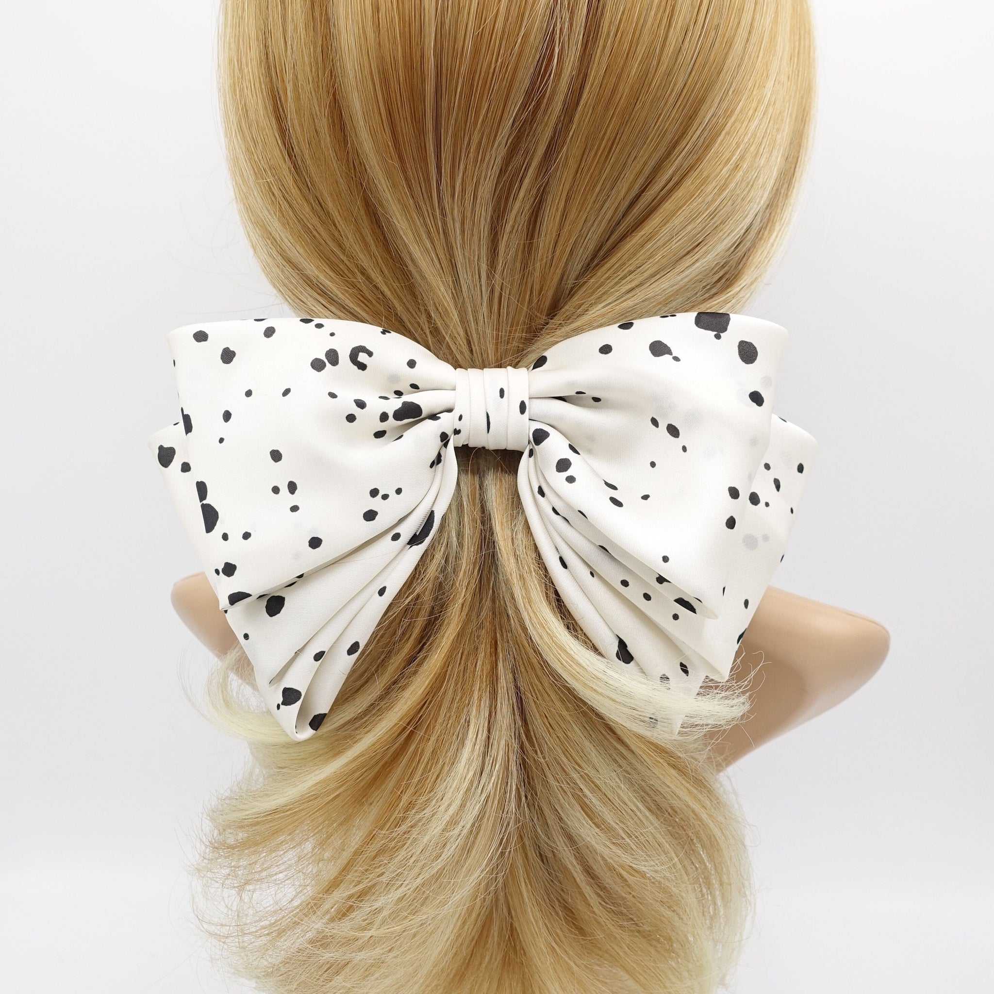 veryshine.com Barrette (Bow) Cream white satin ink dot pattern hair bow