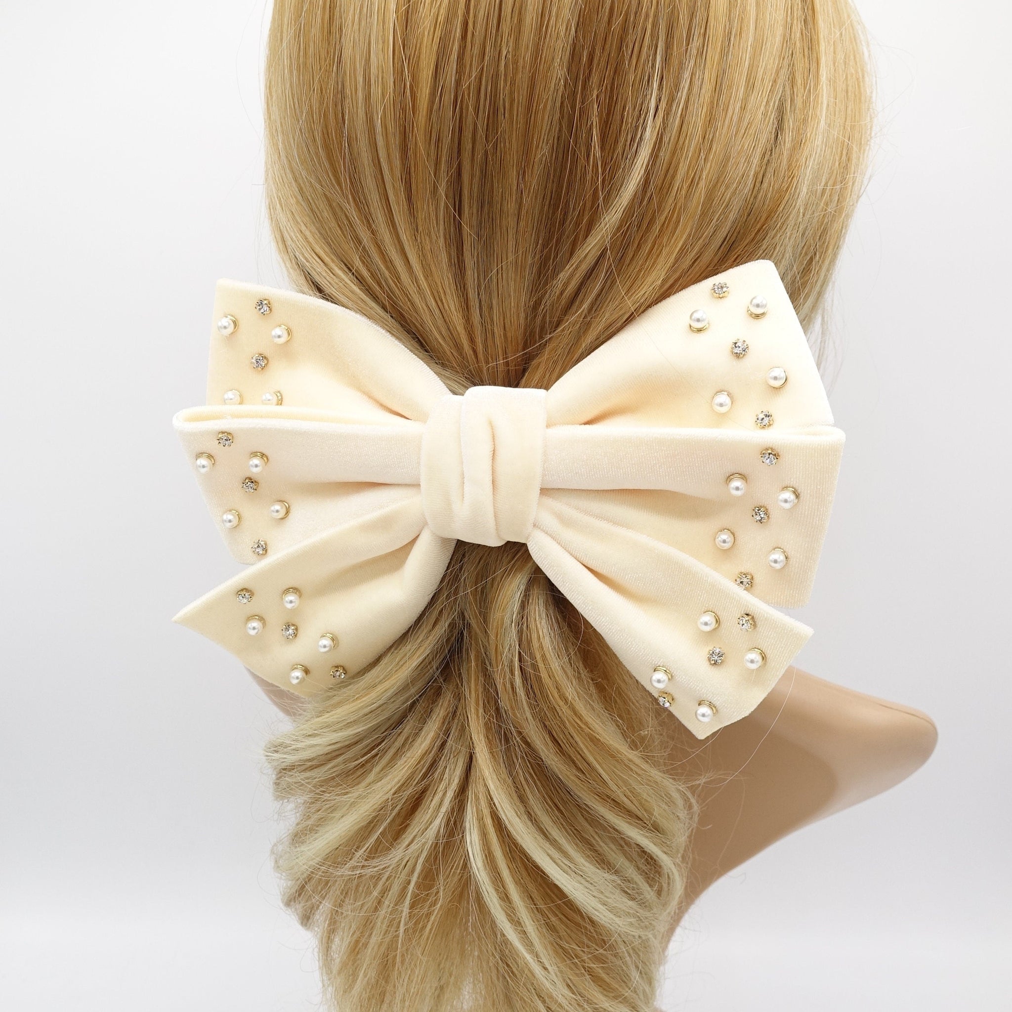 BowSewCuteDesigns Cream Ivory Velvet Ribbon Bow with Long Tails, Adult Hair Accessories, Wedding Hair, Velvet Hair Ribbon, Wedding Hair Clip, Bridal Clip