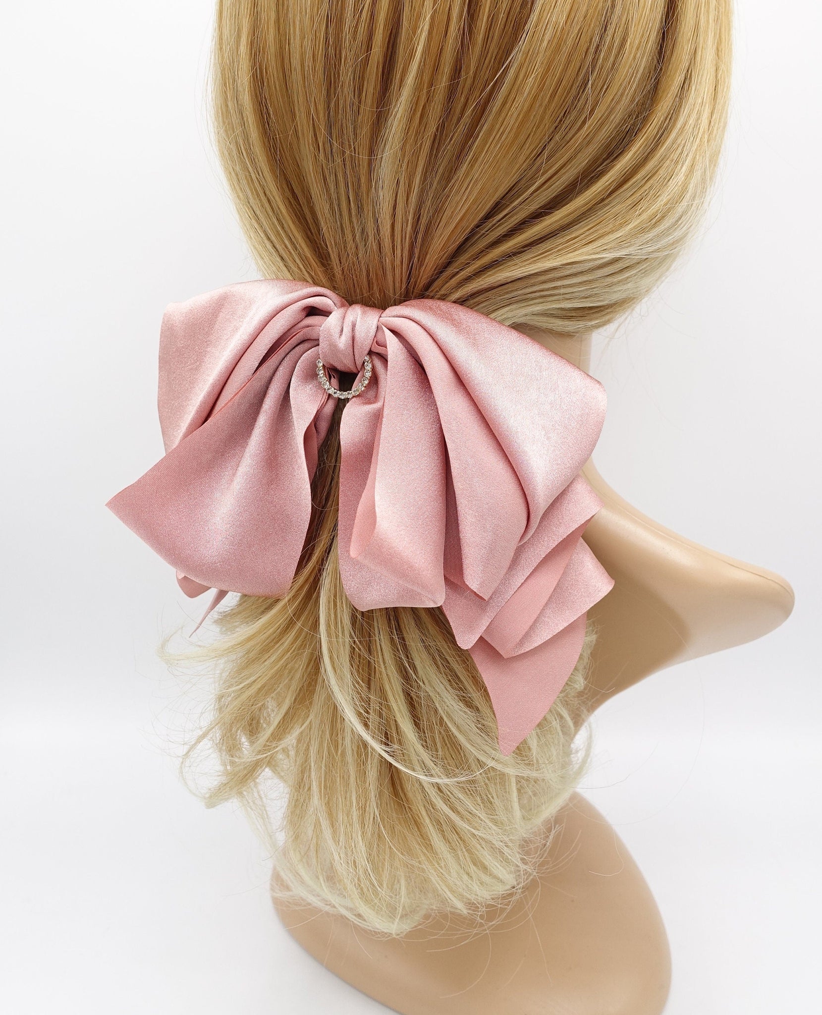 veryshine.com Barrette (Bow) Pink satin hair bow, layered hair bow, rhinestone hair bow for women