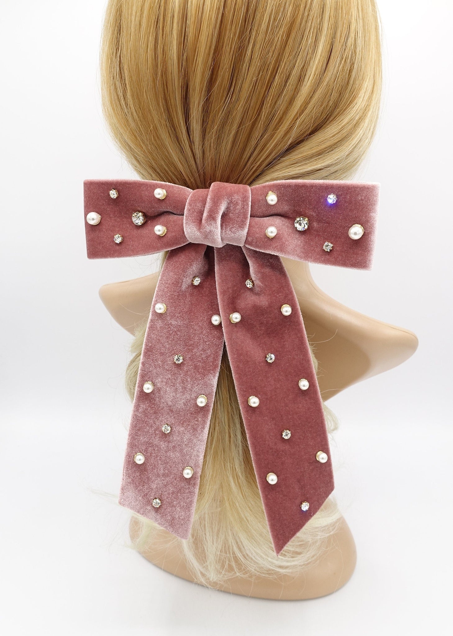 Shimmery Mesh Pearl Bow Hair Clip- Pink - The Burlap Buffalo
