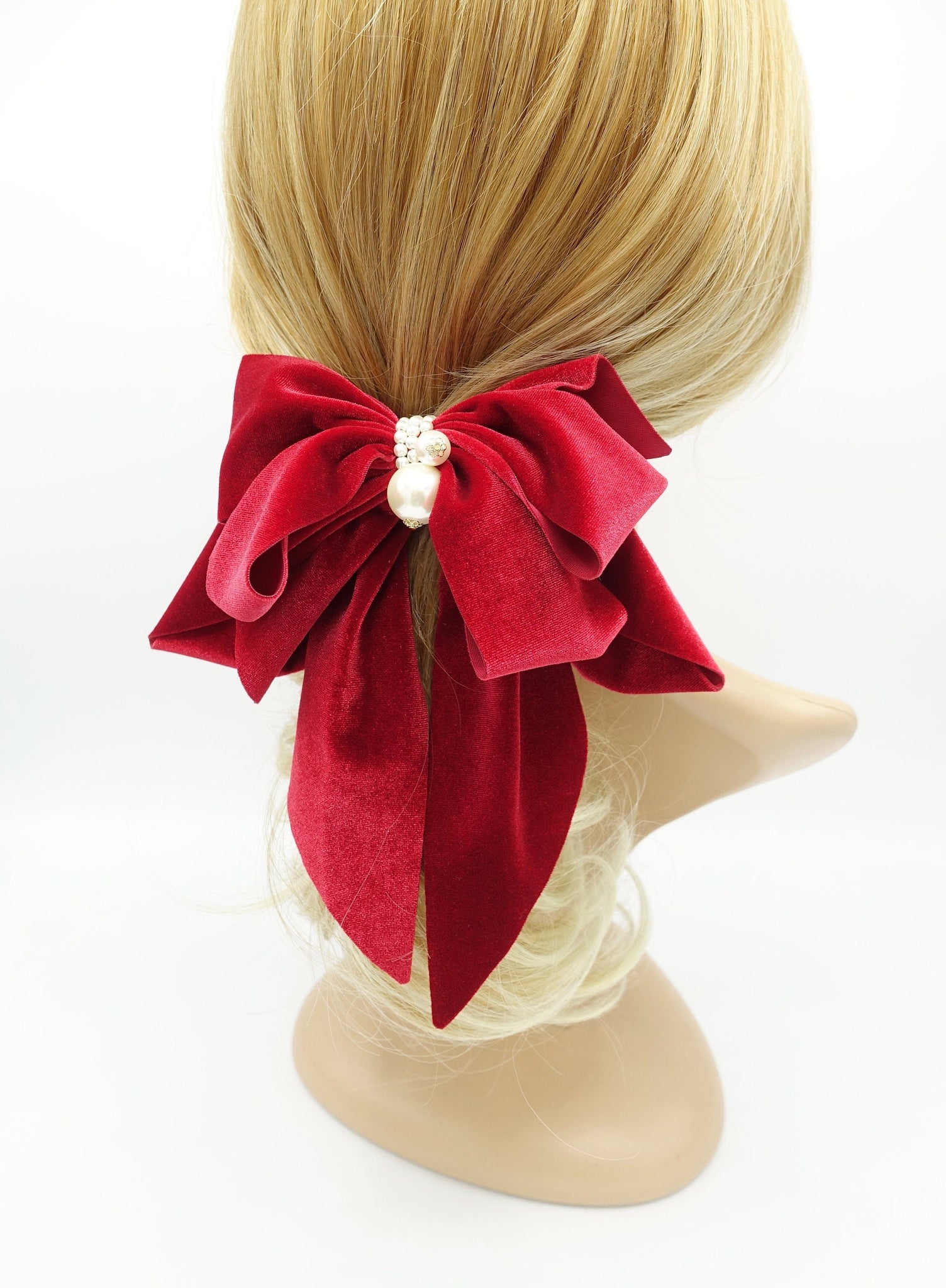 1 Pcs Large Wine Red Velvet with Pearls Hair Bow Bowtie Hair Clip