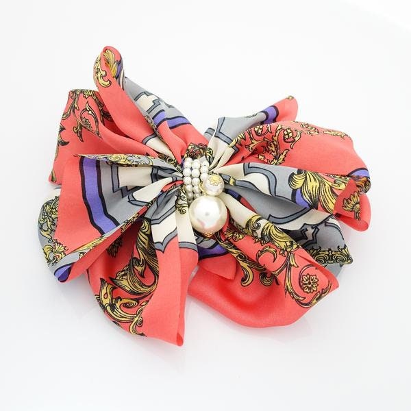 veryshine.com Barrette (Bow) Satin Multi Drape Wing Key Baroque Print Scarf Bow French Hair Barrette