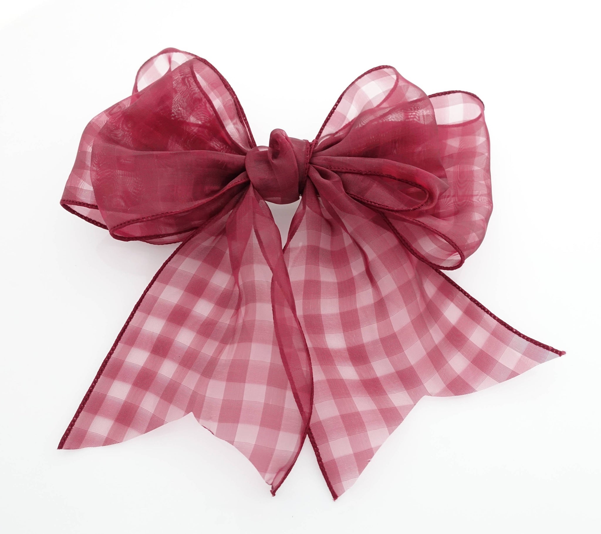 veryshine.com Burgundy Fine Mesh organdy Solid Check Big Bow French Hair Barrette for Women