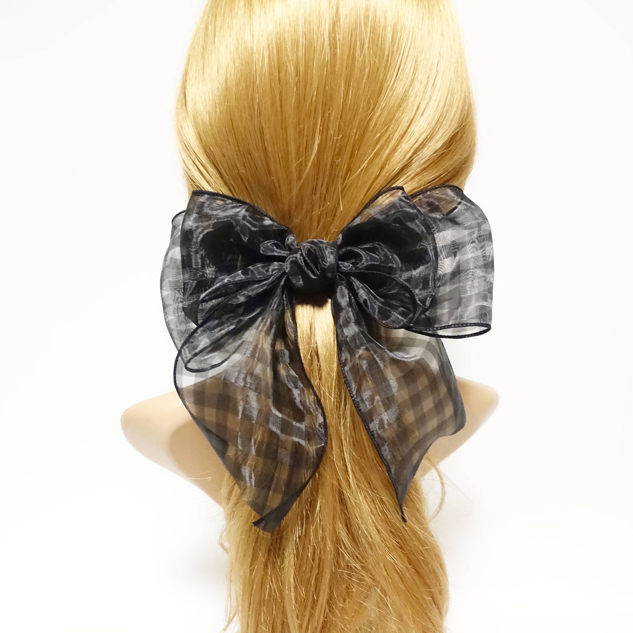 veryshine.com Fine Mesh organdy Solid Check Big Bow French Hair Barrette for Women