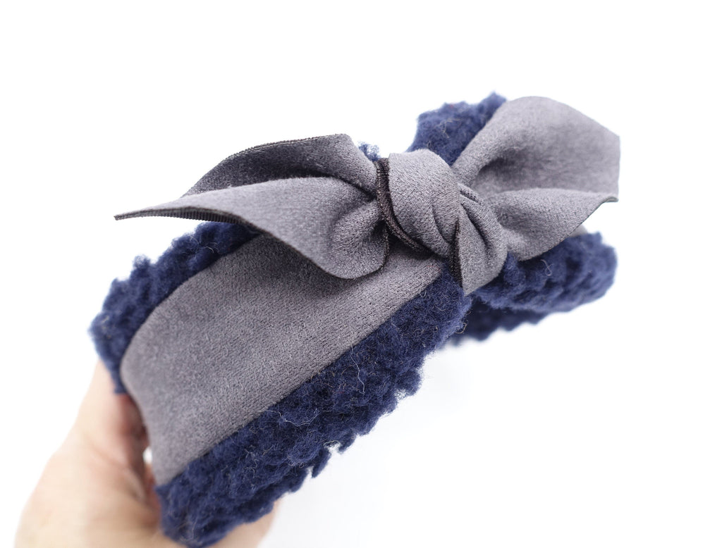 veryshine.com Hair Accessories Navy sherpa headband leather bow knot hairband teddy hair accessory for women