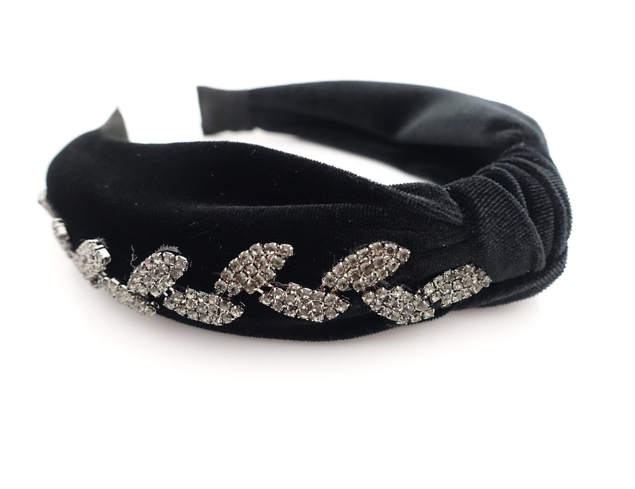 veryshine.com Headband Black diamond leaf rhinestone embellished  knotted hairband luxury black velvet dazzling womens headband