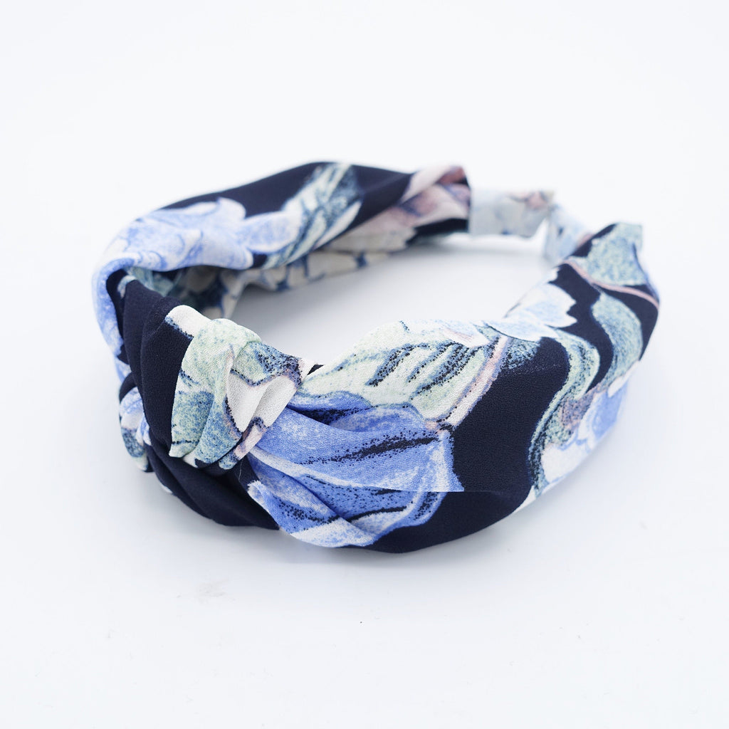 veryshine.com Headband Dark navy big flower print knotted headband chiffon Spring hairband women hair accessory