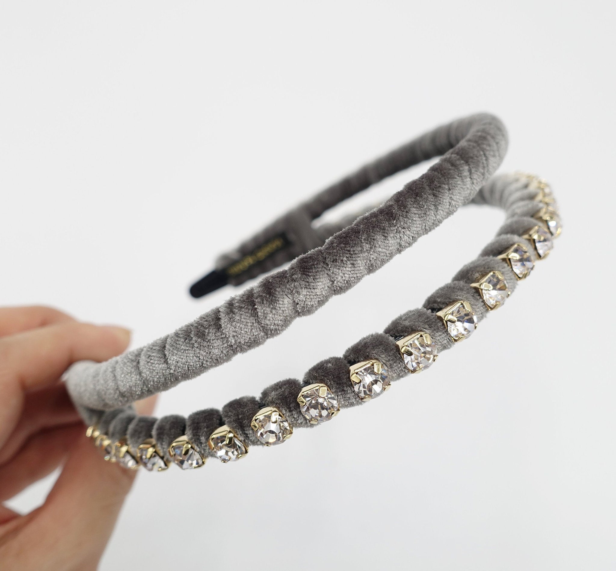 veryshine.com Headband Gray rhinestone embellished double headband velvet wrap hairband stylish women hair accessory