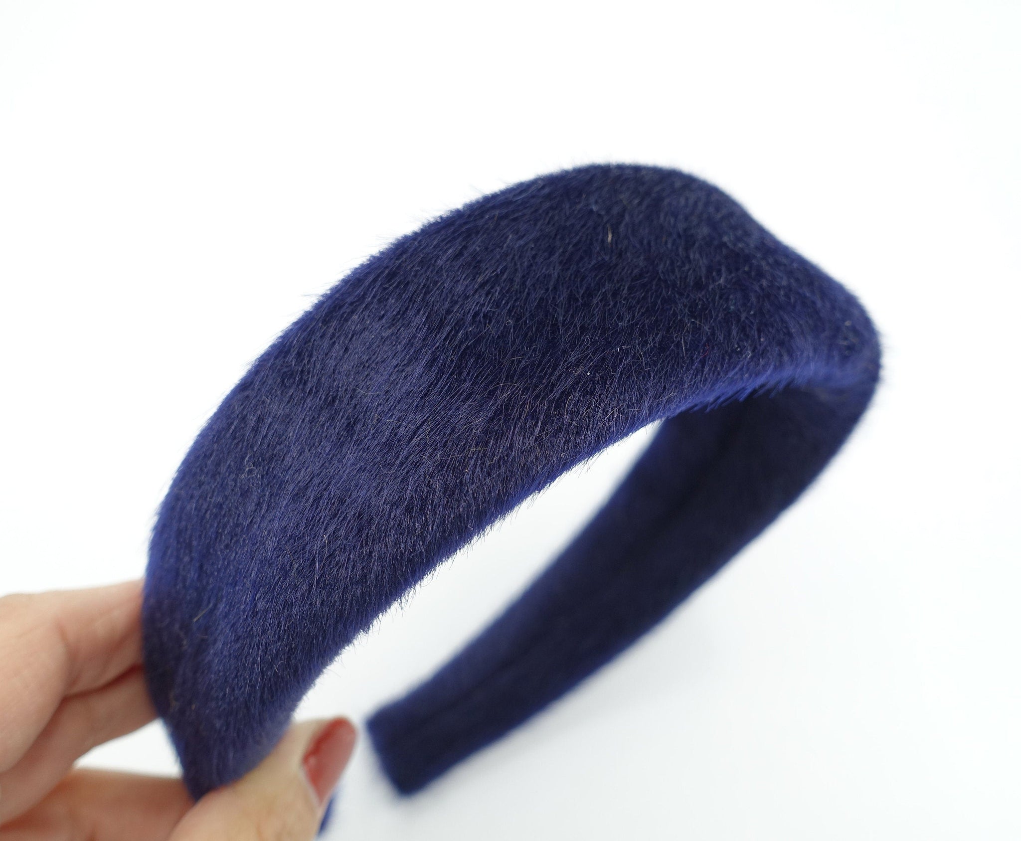 veryshine.com Headband Navy fabric fur headband padded imitated calf fur leather hairband Fall Winter hair accessory for women