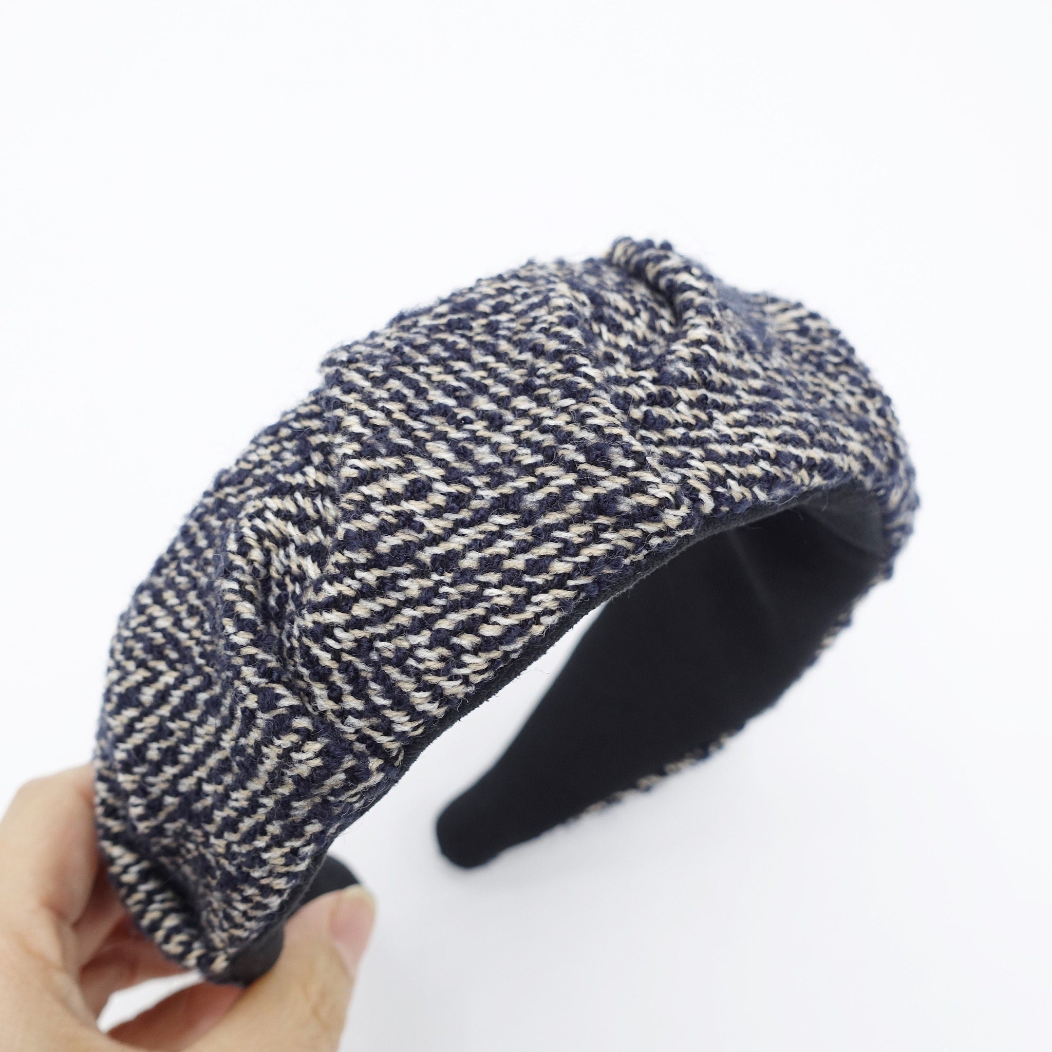 veryshine.com Headband Navy herringbone headband pleats hairband woolen Fall Winter stylish hair accessory for women