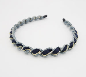 veryshine.com Headband Navy multi fabric  spiral wrap headband golden chain embellished hairband women hair accessory