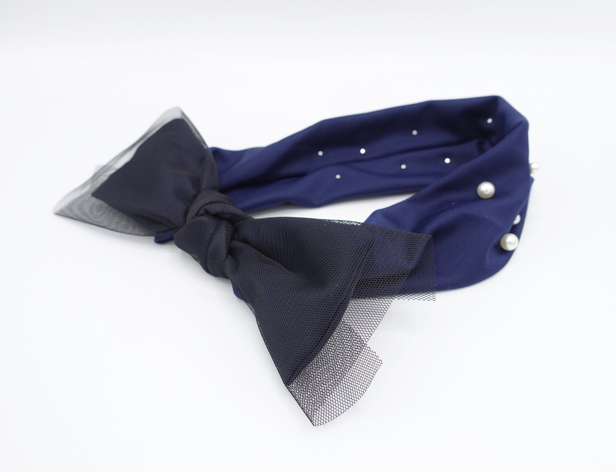 veryshine.com Headband Navy pearl stud mesh bow satin headband 2 way hairband turban hair accessory for women