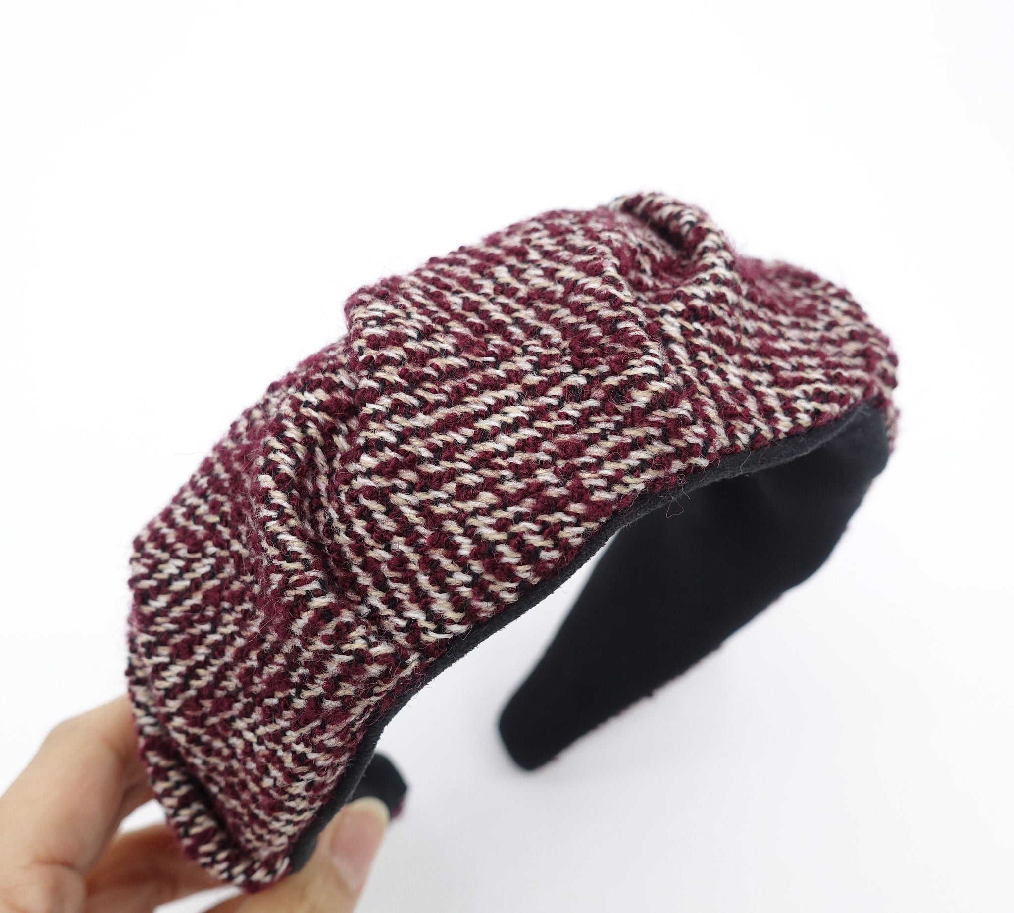 veryshine.com Headband Red wine herringbone headband pleats hairband woolen Fall Winter stylish hair accessory for women