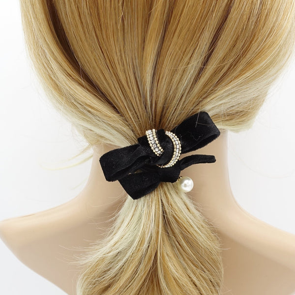 Rhinestone Velvet Double Bow Knot Hair Elastic Tie Ponytail Holder Brown