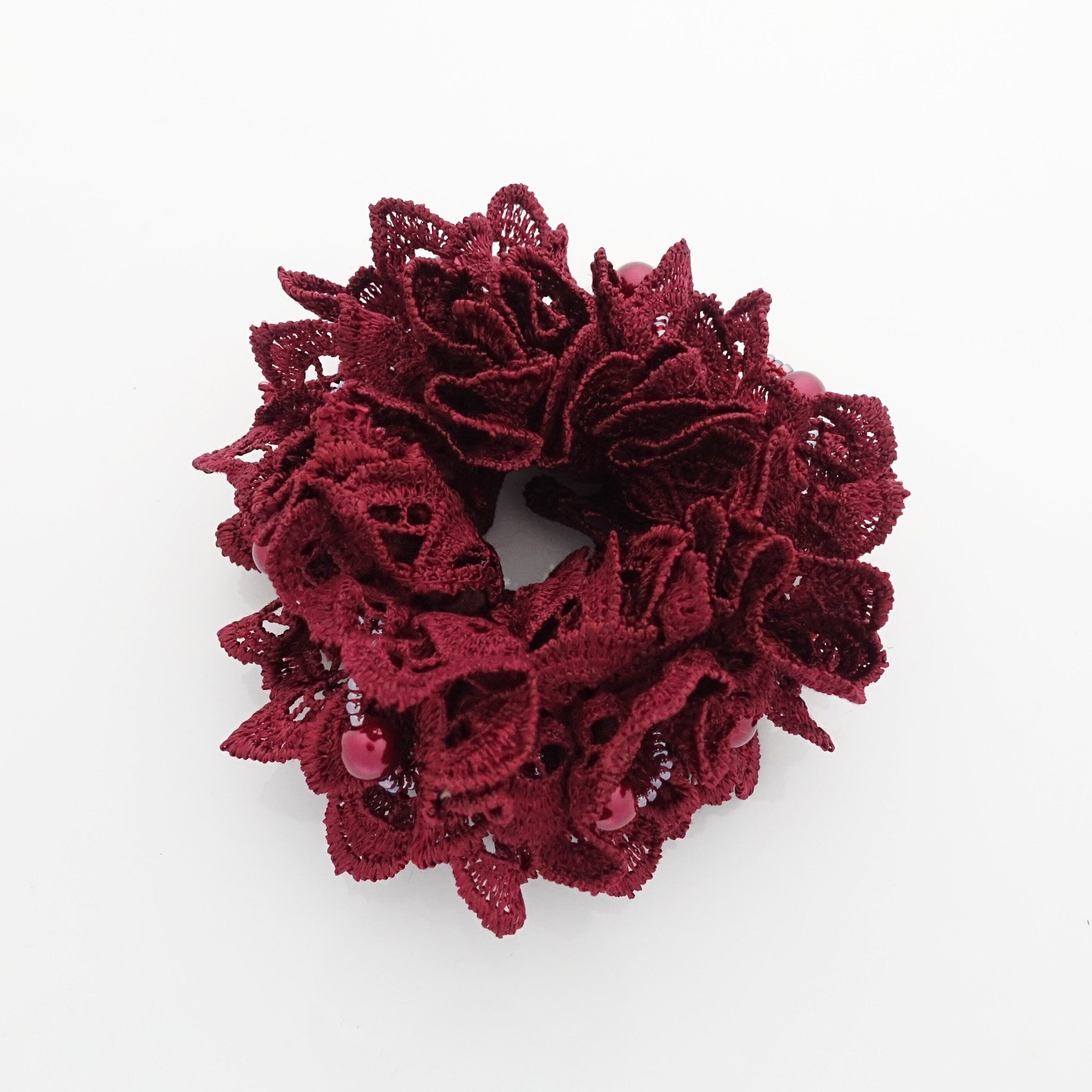 veryshine.com Scrunchies Red wine lace sleek pearl ball beaded scrunchy woman elastic hair ties scrunchies