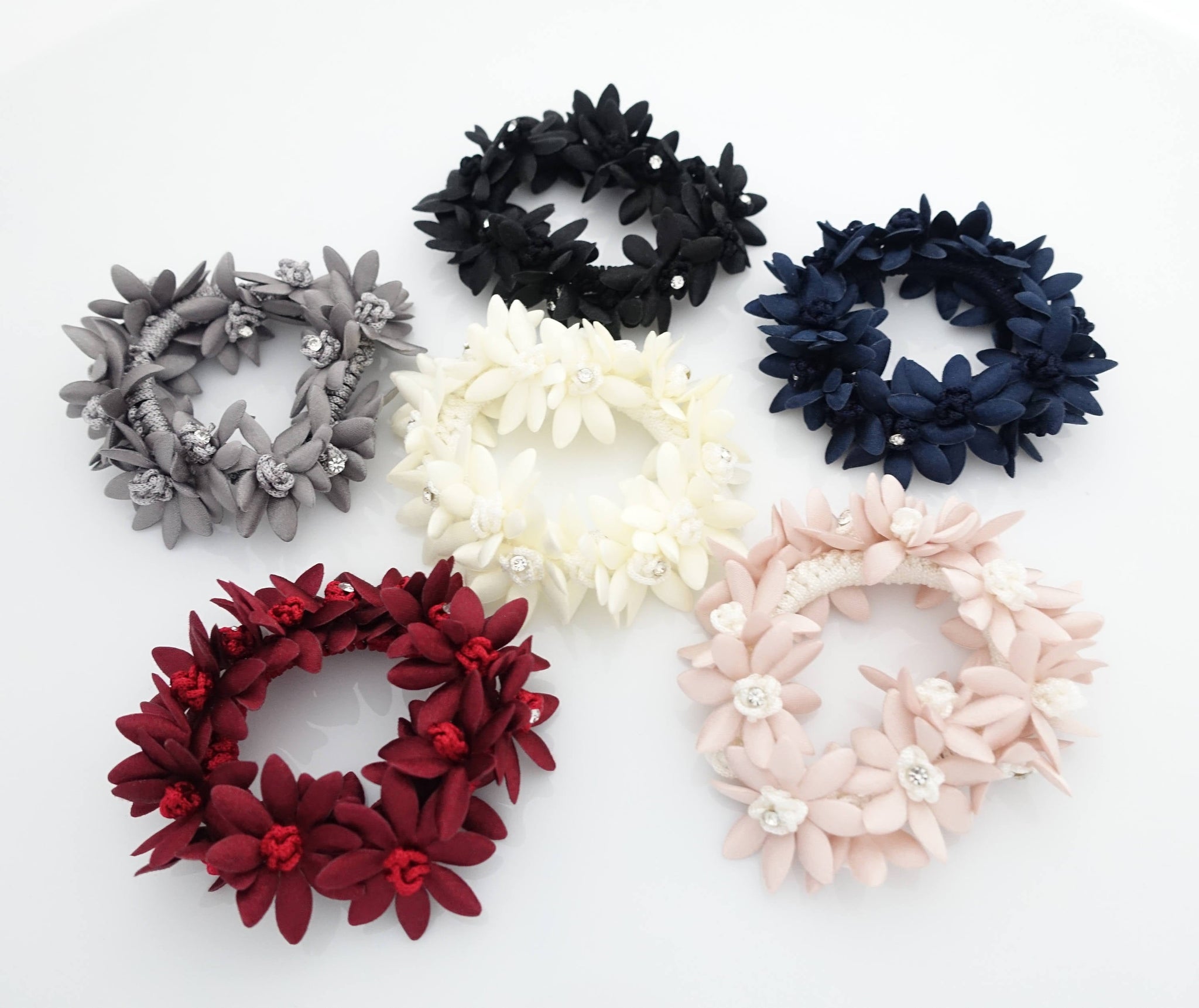 veryshine.com Scrunchies Rhinestone Hair Elastics Flower Petal Crochet Wrapped Elastic Ponytail Holder women hair accessory