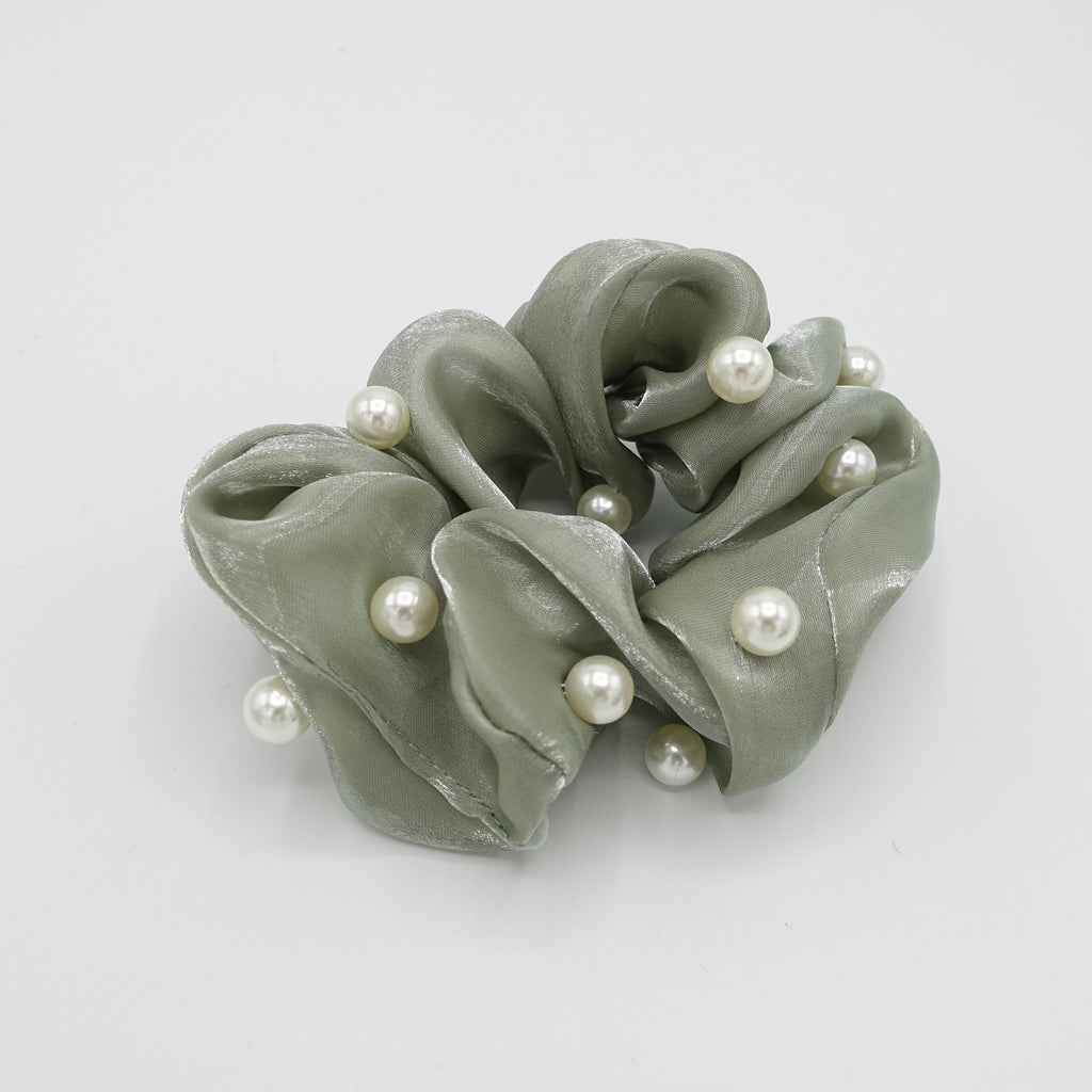 veryshine.com Scrunchies Sage pearl stud organza scrunchies glossy hair tie scrunchie for women