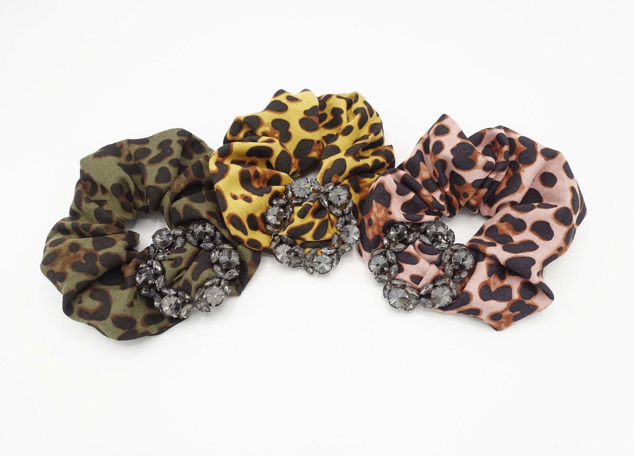 VeryShine leopard scrunchies glass rhinestone  buckle embellished scrunchie